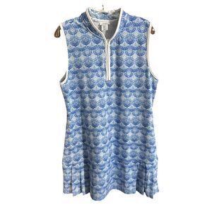 SIGRID OLSEN Blue White A-Line Dress V-Neck Sleeveless Zip XL